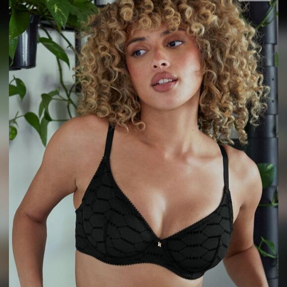 Savage X Fenty Flocked Logo Unlined Demi Bra Black Mesh Size 36DD Gold Hardware - Picture 1 of 11